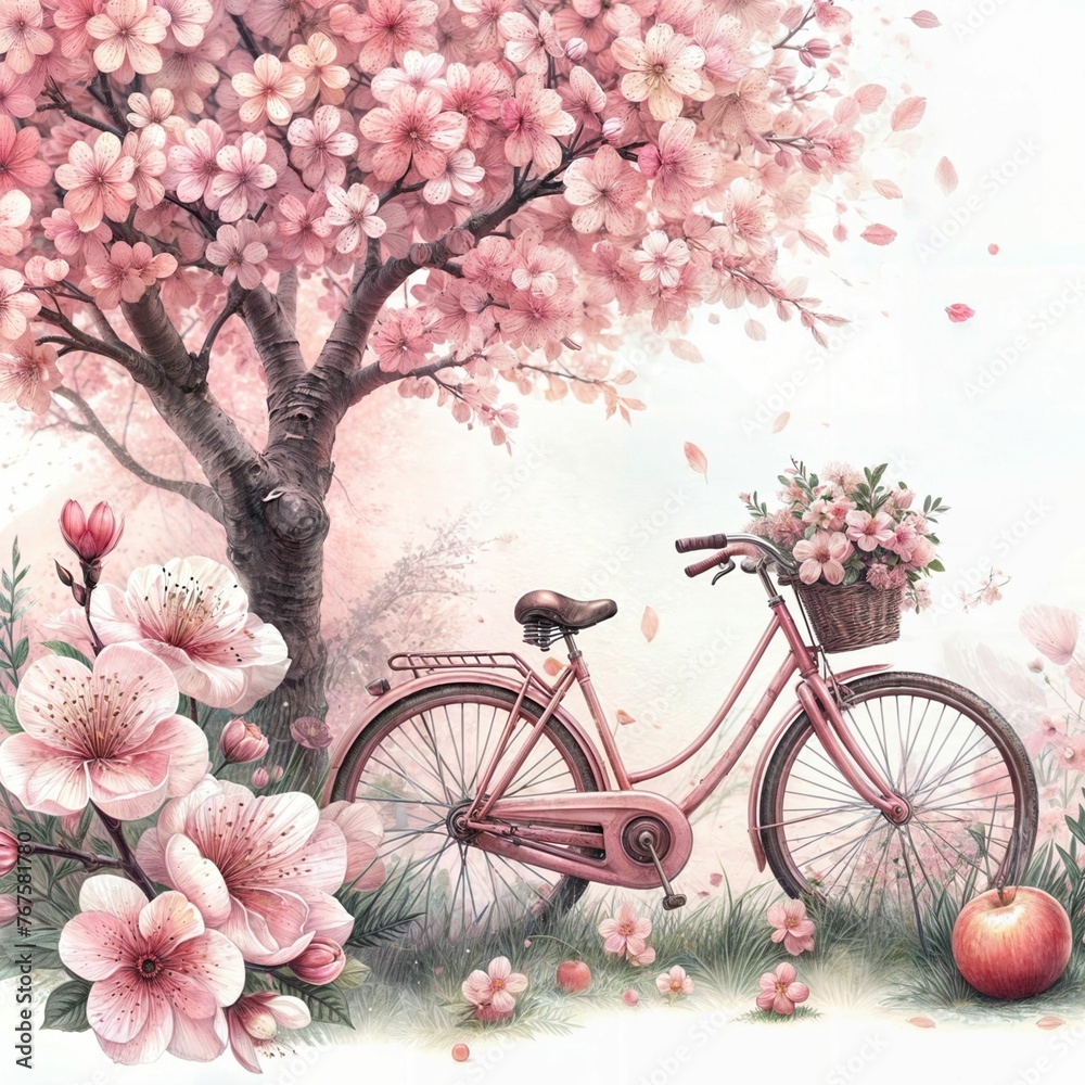 Spring cherry blossom tree background with bicycle pastel creamy color
