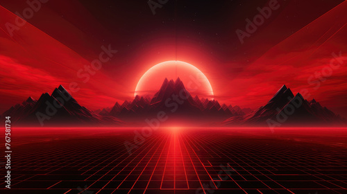 Red grid floor line on glow neon night red background with glow red sun, Synthwave cyberspace background, concert poster, rollerwave, technological design, shaped canvas, smokey cloud wave background. photo