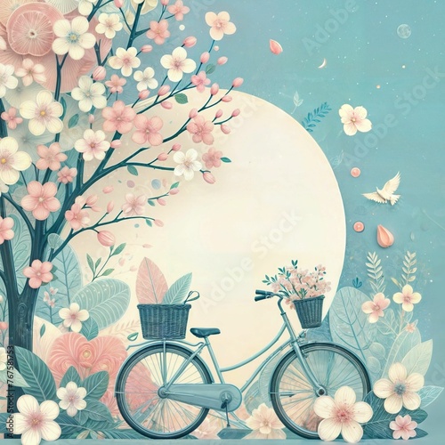 Spring cherry blossom tree background with bicycle pastel creamy color photo