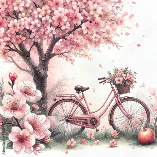 Spring cherry blossom tree background with bicycle pastel creamy color photo