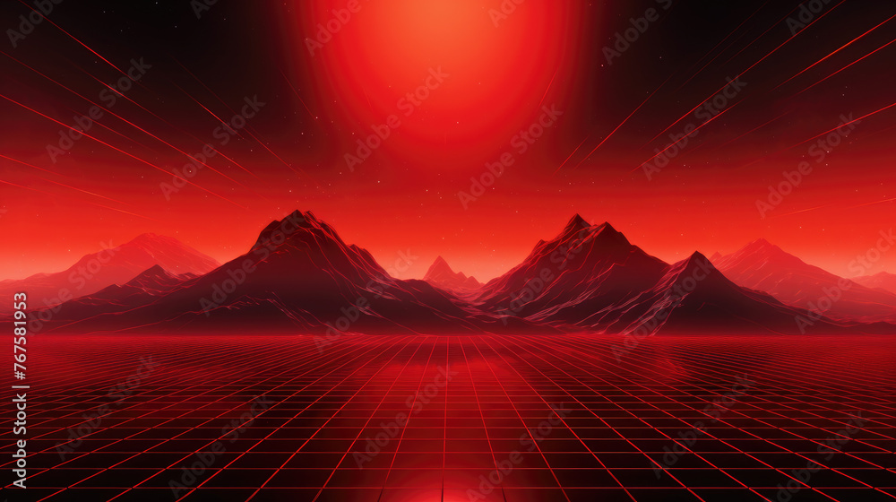 Red grid floor line on glow neon night red background with glow red sun, Synthwave cyberspace background, concert poster, rollerwave, technological design, shaped canvas, smokey cloud wave background.