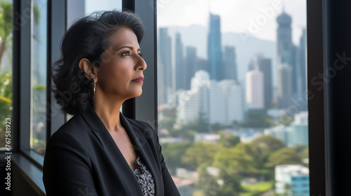 mature optimistic Indian businesswoman woman female executive CEO in corporate modern office thinking contemplating and looking out window skyscraper cityscape daytime