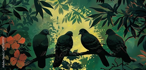 Pigeons gathered in a lush garden, their iridescent feathers catching sunlight as they peck seeds. 