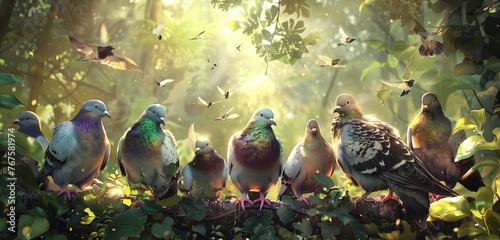 Pigeons gathered in a lush garden, their iridescent feathers catching sunlight as they peck seeds.  photo