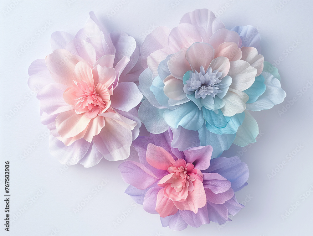 Three pastel-colored artificial flowers on a white background, featuring shades of pink, blue, and purple.