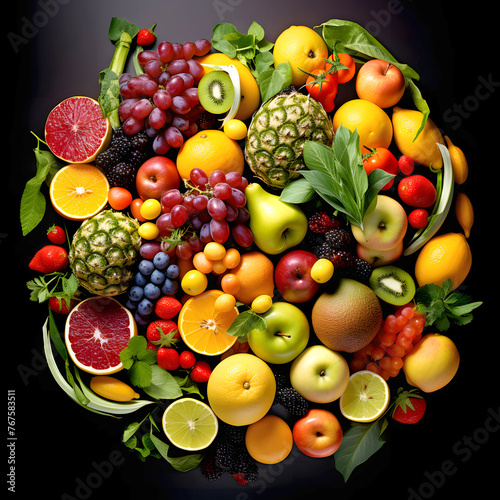 harvest different fruits berries and vegetables on a dark background. products and food. view from above