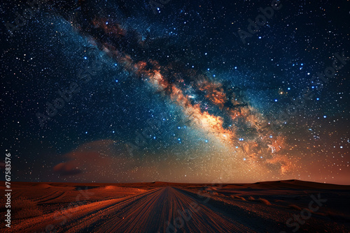 The Milky Way galaxy stretching across the sky above a silent desert, showcasing the beauty of the universe above our planet photo