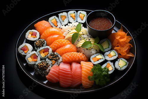 Rainbow Sushi Roll with salmon, eel, tuna, avocado, royal prawn, cream cheese Philadelphia, caviar tobica, chuka. Sushi menu. Japanese food.
