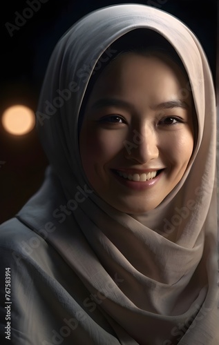 hyper realistic cinematography of a smiling beautiful japanese woman widened draped in hijab, illuminated by a single light. cinematic scene photo