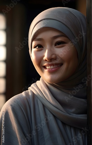 hyper realistic cinematography of a smiling beautiful japanese woman widened draped in hijab, illuminated by a single light. cinematic scene photo