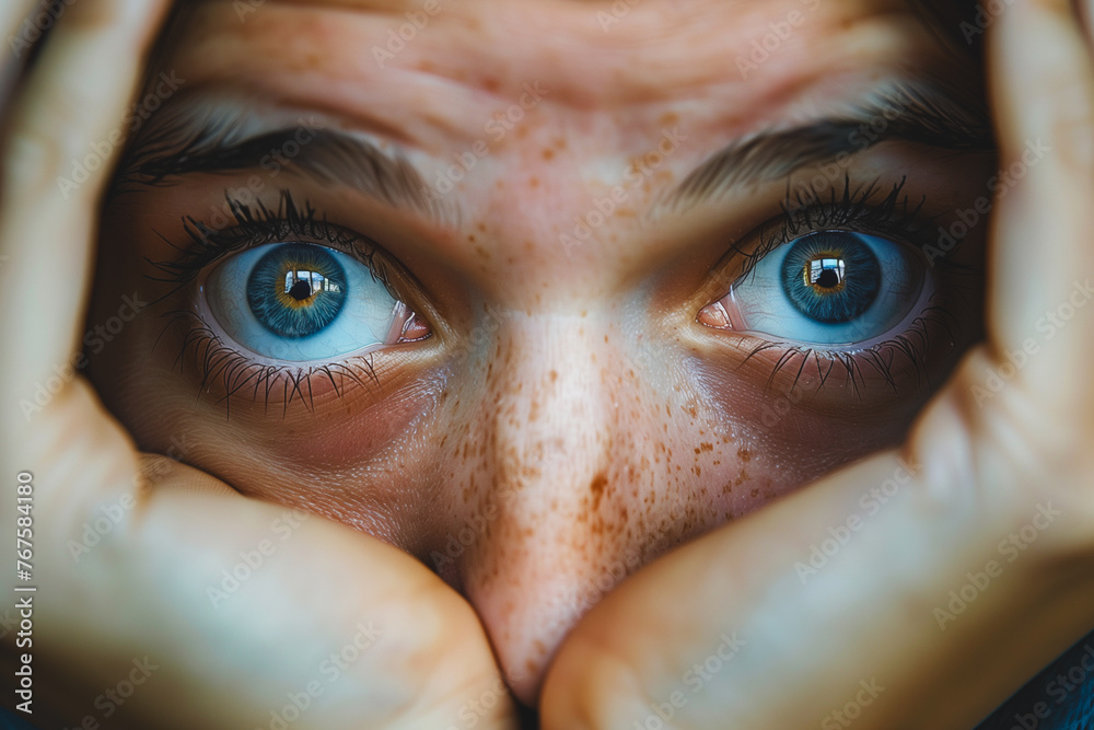 A woman with blue eyes is looking at the camera with a surprised expression. Concept of curiosity and wonder, as if the woman is trying to understand something or is about to reveal a secret A woman with blue eyes is looking at the camera with a surprised expression. Concept of curiosity and wonder, as if the woman is trying to understand something or is about to reveal a secret