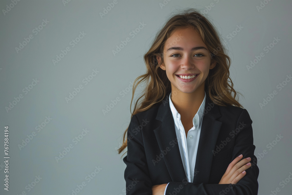 A young woman in a black suit and white shirt is smiling for the camera. She has her arms crossed and is standing in front of a white wall A young woman in a black suit and white shirt is smiling for the camera. She has her arms crossed and is standing in front of a white wall