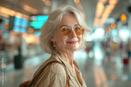 A cheerful stylish senior woman with gray hair wearing sunglasses and a brown jacket stands in the airport terminal