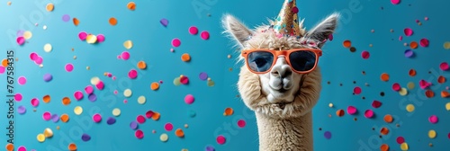 Alpaca with a blue back, sporting a party hat and sunglasses. Generative Ai