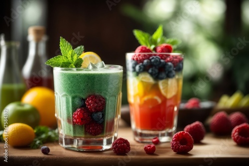 colorful fruit juice drinks on the table, delicious healthy drinks menu