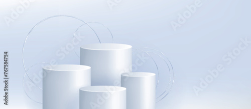 White 3D cylinders and silver circles isolated on gradient background. Vector realistic illustration of geometric design platforms for beauty product presentation, empty round low and high podiums