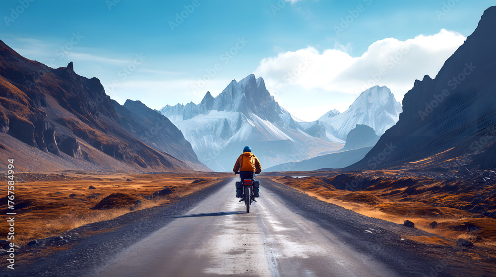 male traveler rides a bicycle along a road against the backdrop of a beautiful mountain natural landscape