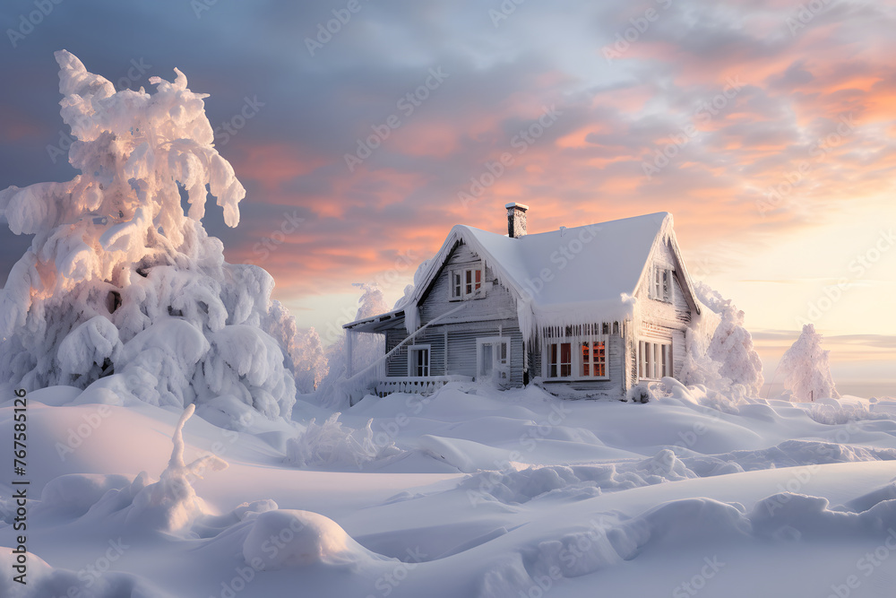 snow covered lonely wooden house on a frosty sunny winter morning