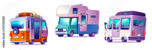 Camper van front and back view with baggage. Cute caravan rv car with luggage for recreational journey. Cartoon vector set of trailer for family travel and outside vacation. Motorhome tourism concept.