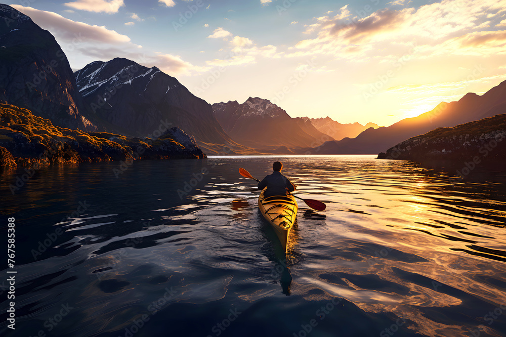 tourist floats on a yellow kayak along a river in the fjords of Norway. water sports and boat travel - obrazy, fototapety, plakaty 