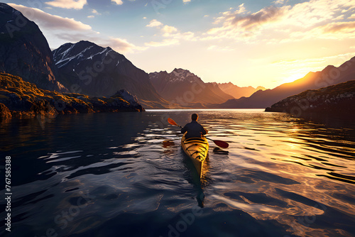 tourist floats on a yellow kayak along a river in the fjords of Norway. water sports and boat travel © photosaint