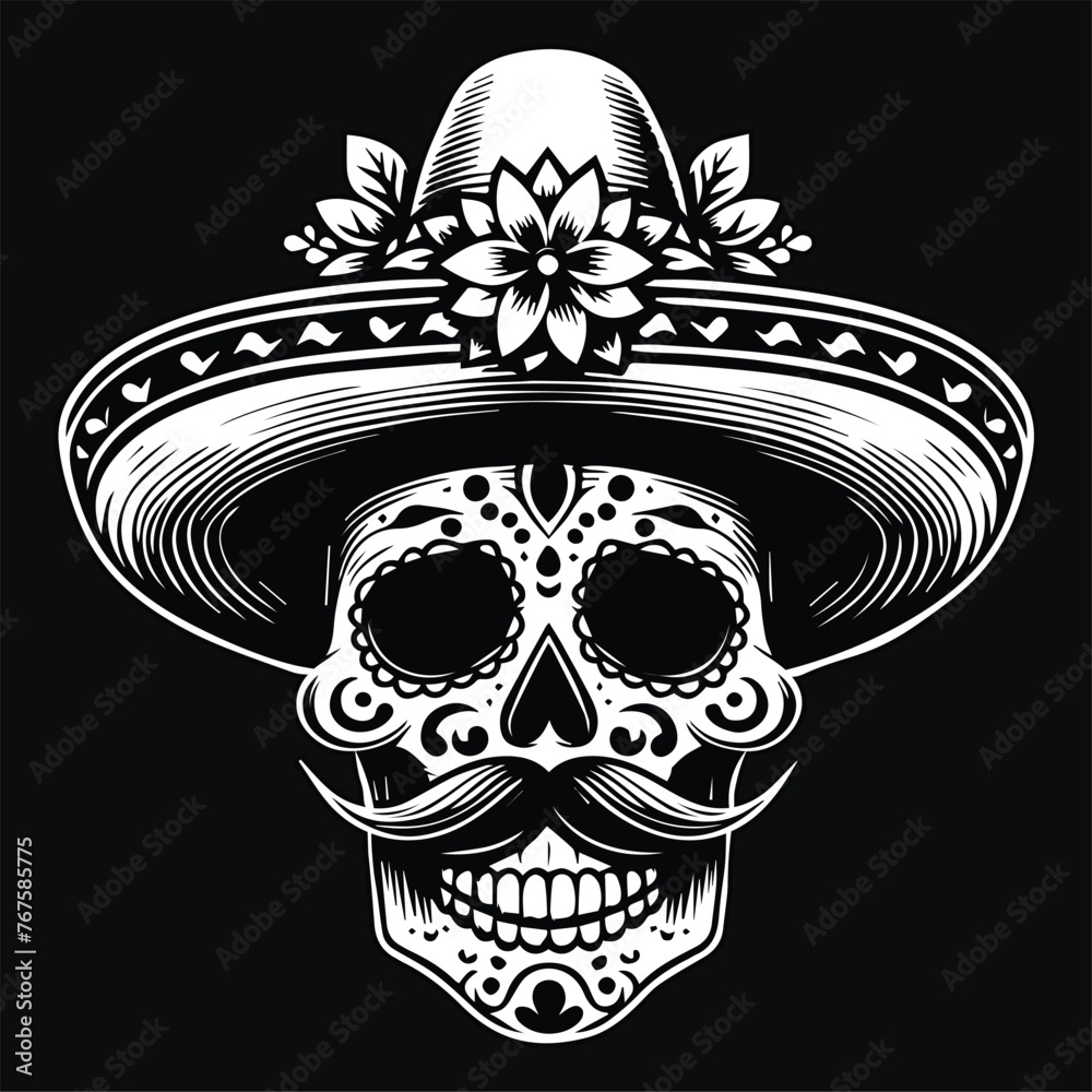 Fototapeta premium Dark Art Mexican Skull Head with Traditional Hat Black and White Illustration