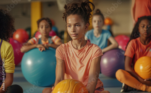 Confident young girl sitting with a volleyball in a gym, surrounded by peers on colorful balls. © Iona