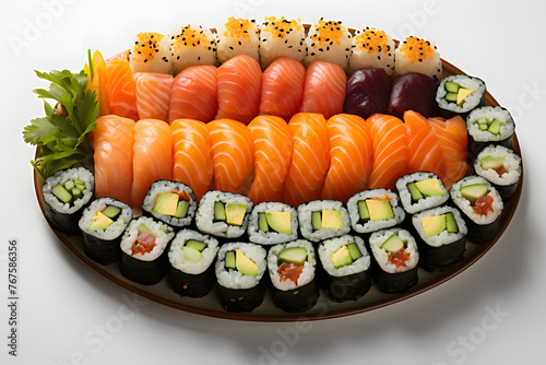 Sushi Set. Sushi Roll with Salmon, Cream Cheese and Raw Salmon inside. Sushi menu. Japanese food