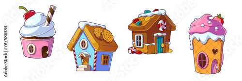 Cartoon candy land sweet house for fantasy game in vector. Cake and chocolate building set isolated on background. Cute gingerbread fairy tale home for dream city. Fantastic sugar town ui object