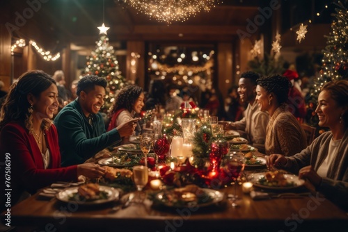 People eating together celebrating christmas with sparkling lights