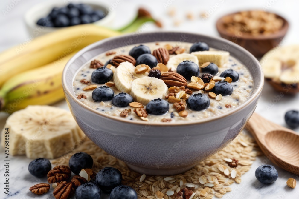 Oat porridge bowled on the table with banana, blueberries, walnuts, chia seeds and almond milk for a healthy breakfast, top view Oat porridge bowled on the table with banana, blueberries, walnuts, chia seeds and almond milk for a healthy breakfast, top view