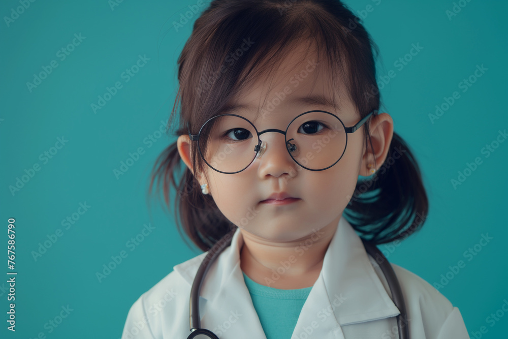 cute Asian baby girl in doctor uniform with glasses and stethoscope in her ears act like a doctor, isolated on bright cyan cute Asian baby girl in doctor uniform with glasses and stethoscope in her ears act like a doctor, isolated on bright cyan