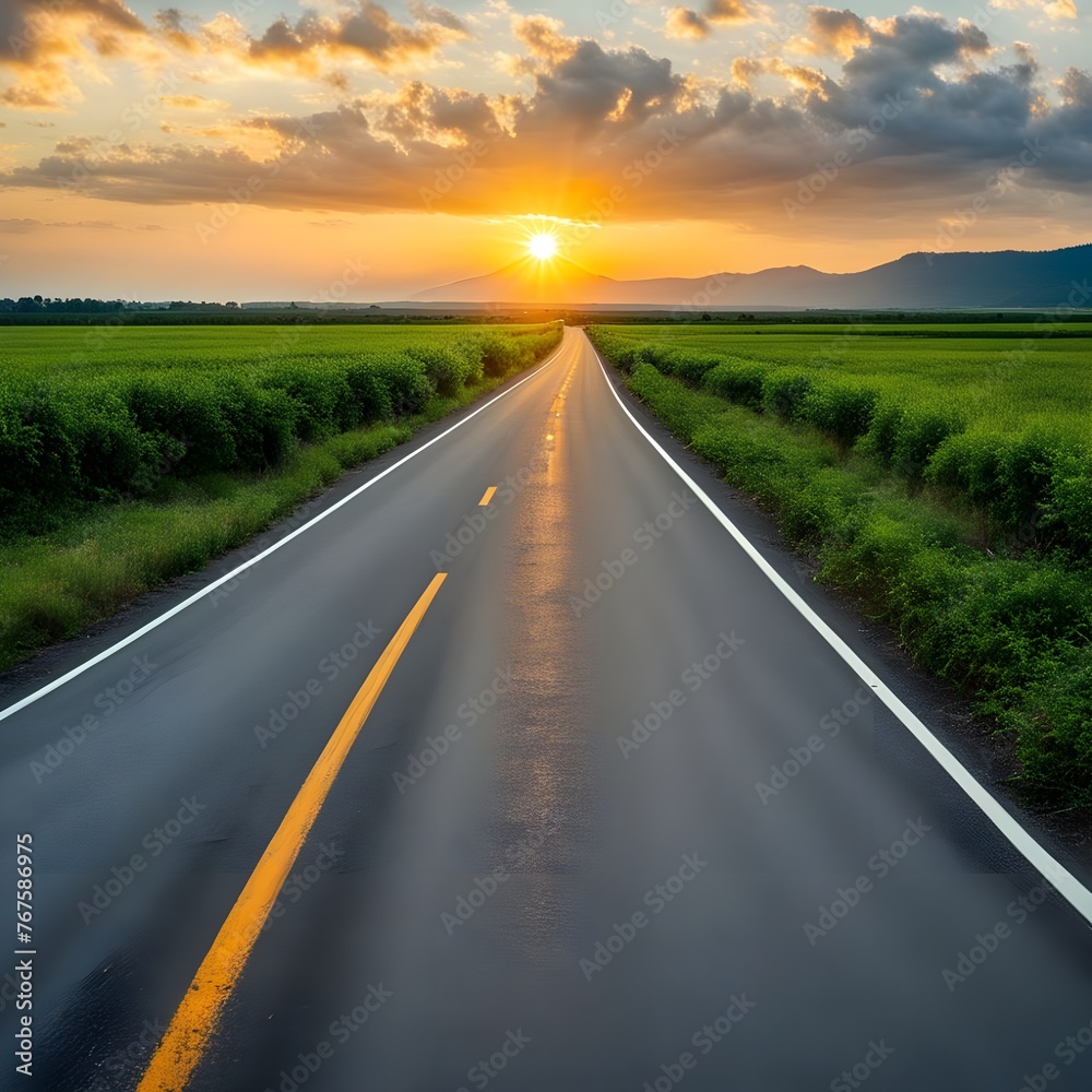 sunset time, the view of the long stretch of road