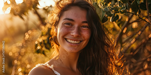 Portrait of Happy smile young woman looking camera at outdoors in sunset