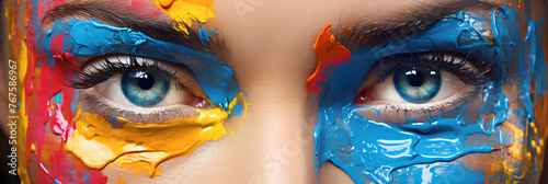eyes of a beautiful woman model with colored body painting on her face. fashionable beauty and glamor
