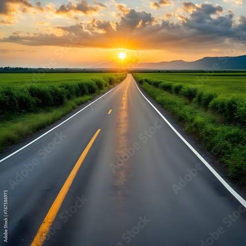 sunset time, the view of the long stretch of road