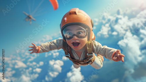 cute baby in skydiving wear flying in the sky with parachutist and orange helmet and sport glasses, blue sky background