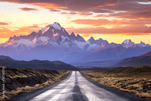 road outside the city against the backdrop of a mountain landscape at sunset