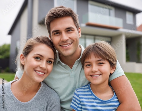 happy family in front of house