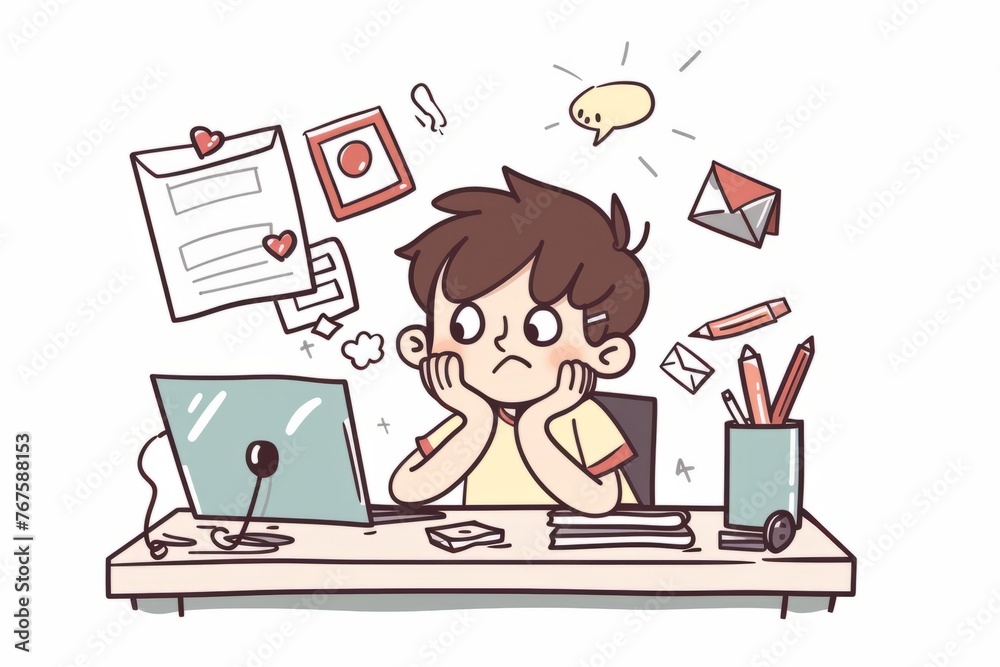 Cartoon cute doodles of a digital designer troubleshooting technical