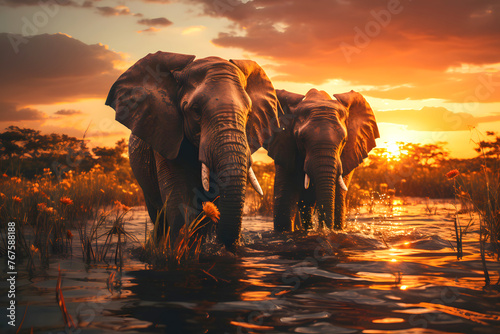 two African elephants walk on the water at sunset. mammals and wildlife