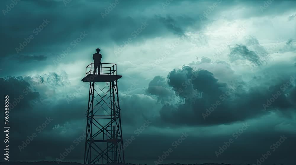 people siege on watch tower a man standing on the tower in dark cloudy sky animated dark cloud in the sky