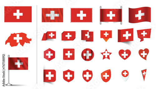 set of Switzerland flag, flat Icon set vector illustration. collection of national symbols on various objects and state signs. flag button, waving, 3d rendering symbols, and flag on map symbols