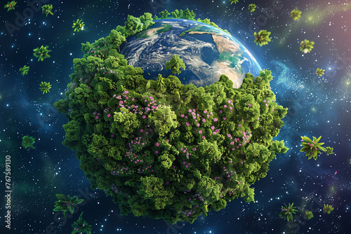 A detailed image of the Earth with a thick canopy of young, green trees covering the landmasses
