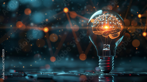 Glowing brain inside a light bulb represents the power of inspiration and the potential for innovative thinking, Conceptual symbol of idea and insight