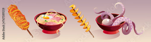 Asian and Korean food. Noodle and soup meal set. Chinese restaurant plate and tempura snack in menu collection. Cute fried corn dog with delicious traditional octopus feet dish for lunch in cafe
