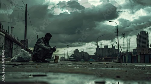 sad man sit in the road with animated cloudy sky with bad weather photo