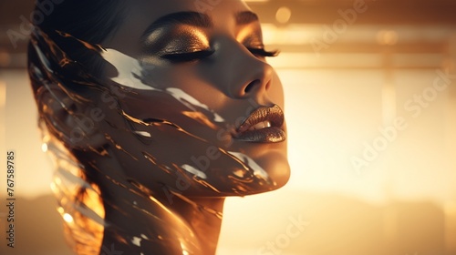 Augmented reality makeup tester, beauty tech, low angle, golden hour light , 3D render