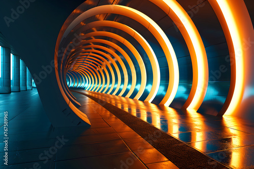 modern hall in the form of a tunnel with stripes of light. architecture and building interior design