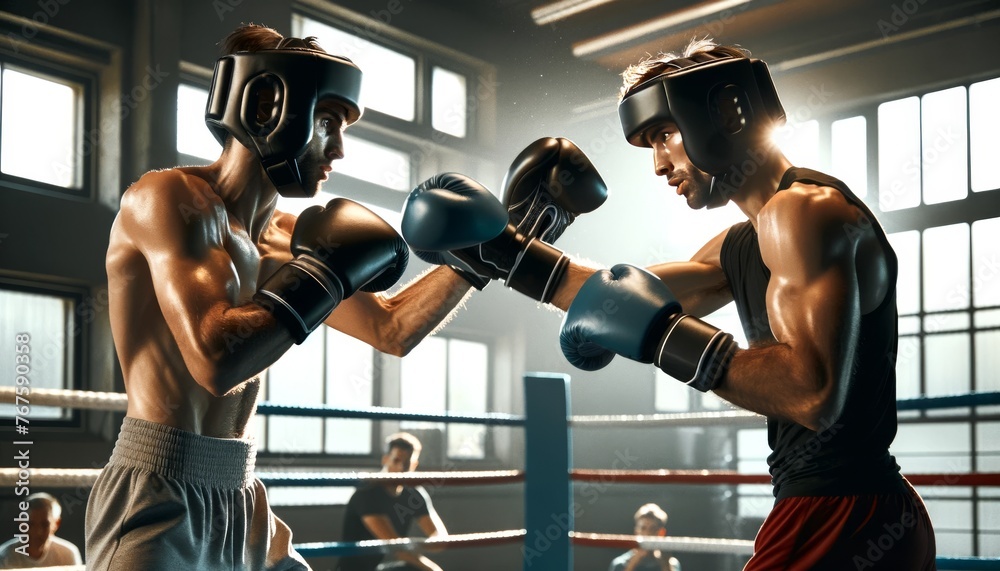 © FantasyLand86 - A medium shot of two boxers sparring in the ring with protective headgear and gloves on.